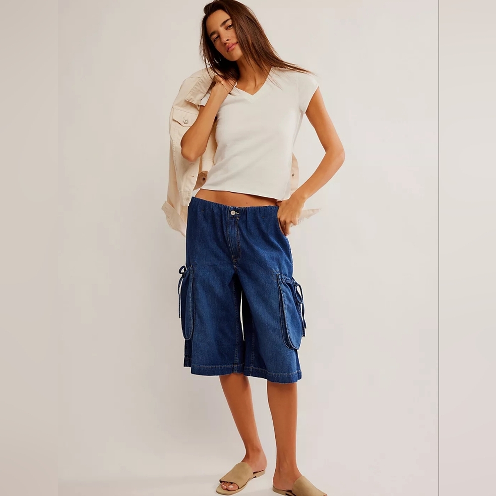 Free People Marty Pull On Cropped Wide Leg Denimn Shorts Size Large